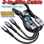 3 in 1 100W Fast Charging Cable 4 Ft USB 3.0 Long Charger Cord with Type C Black
